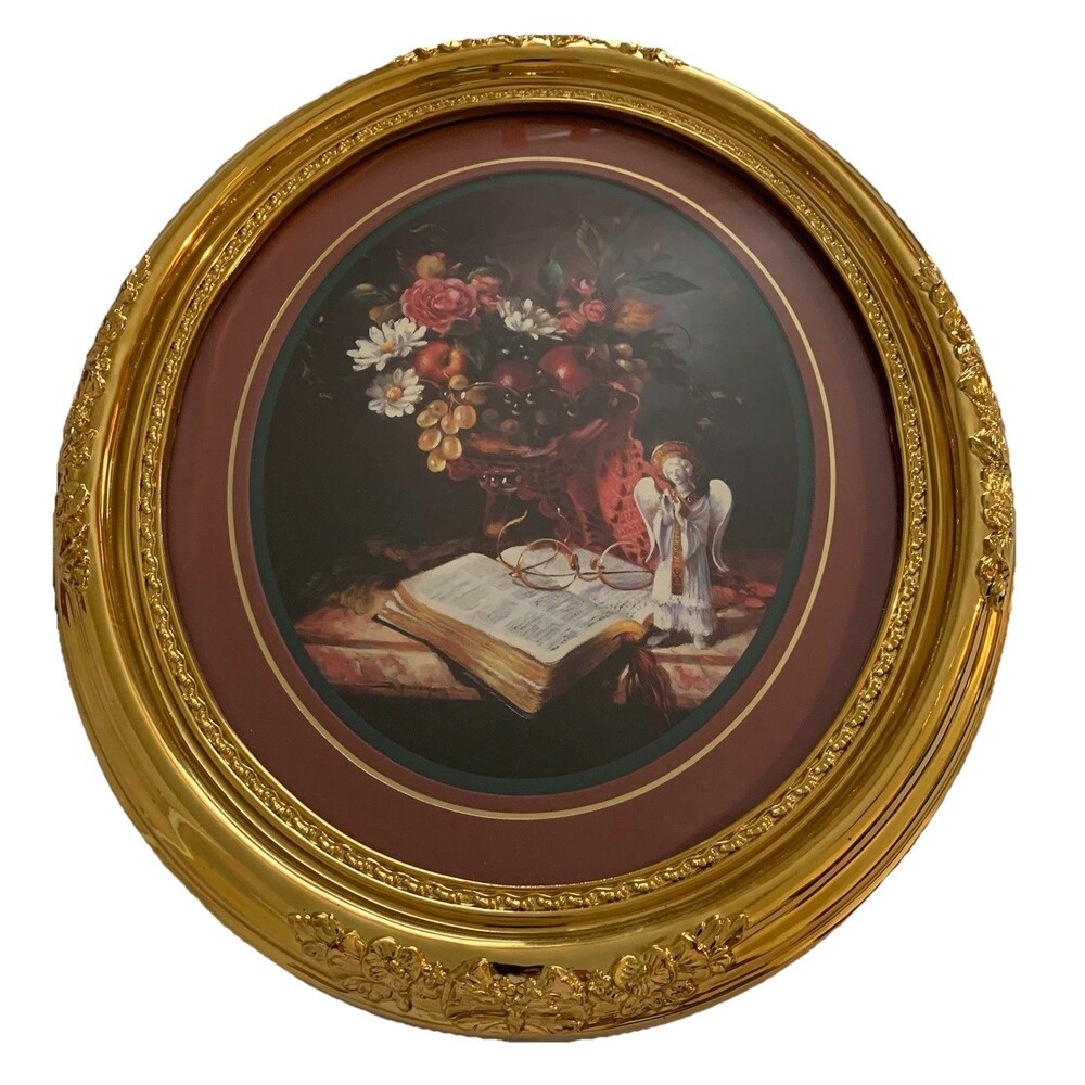 Vtg. Home Interiors Syroco style Floral Frame Bible Verse Angel Print Gold Frame